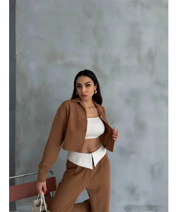 KETEN GÖMLEK-CROP-SALAŞ PANTOLON TAKIM - Kahverengi