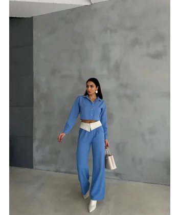 KETEN GÖMLEK-CROP-SALAŞ PANTOLON TAKIM - Mavi