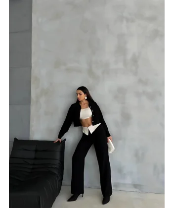 KETEN GÖMLEK-CROP-SALAŞ PANTOLON TAKIM - Siyah