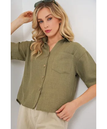 Keten Görünümlü Crop Gömlek 20339 - Çağla