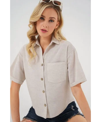 Keten Görünümlü Crop Gömlek 20339 - Krem