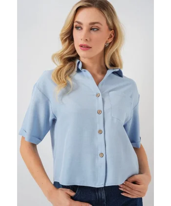 Keten Görünümlü Crop Gömlek 20339 - Mavi