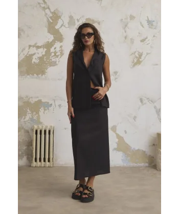 Keten Haki̇m Yaka Kolsuz Gömlek Etek Takim