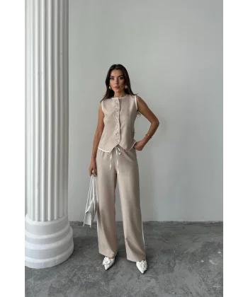 KETEN KENARLARI BİYELİ YELEK - PANTOLON TAKIM - Bej