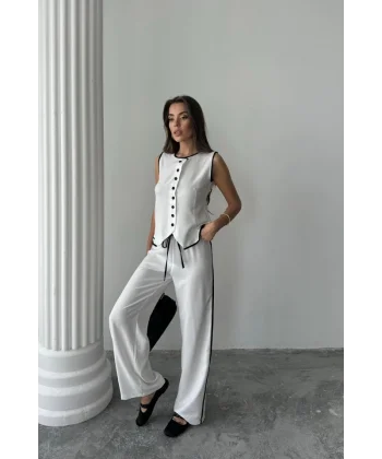 KETEN KENARLARI BİYELİ YELEK - PANTOLON TAKIM - Beyaz