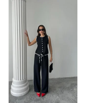 KETEN KENARLARI BİYELİ YELEK - PANTOLON TAKIM - Siyah