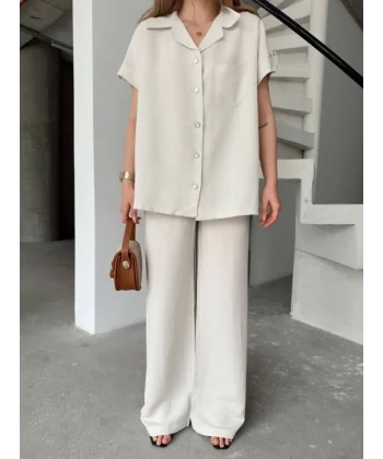 Keten Kısa Kollu Cepli Gömlek Pantolon Ikili Takım - Beyaz