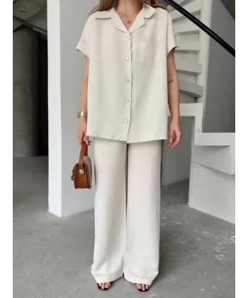 Keten Kısa Kollu Cepli Gömlek Pantolon ikili Takım - Beyaz