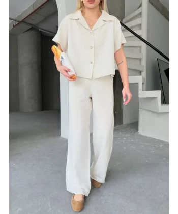 Keten Kısa Kollu Gömlek Pantolon ikili Kısa İlik Düğmeli Bol Paça Takım - Beyaz
