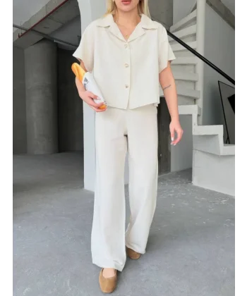 Keten Kısa Kollu Gömlek Pantolon Ikili Takım - Beyaz