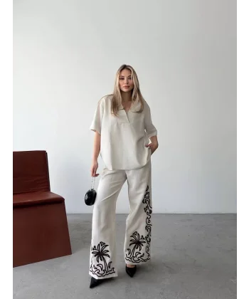 Keten Kısa kolu V Yaka Bluz Pantolon ikili Takım- Beyaz