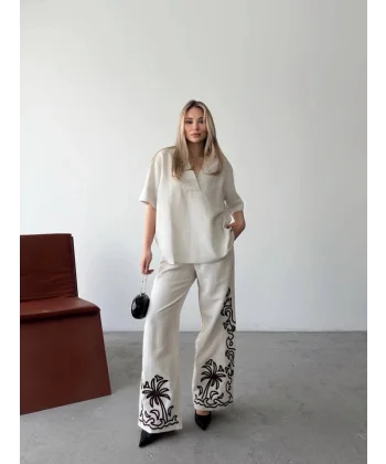 Keten Kısa Kolu V Yaka Bluz Pantolon Ikili Takım- Beyaz