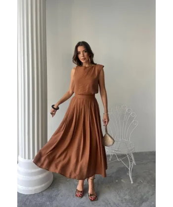 KETEN KOLSUZ BLUZ - MAXİ ETEK TAKIM - Kahverengi