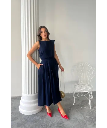 KETEN KOLSUZ BLUZ - MAXİ ETEK TAKIM - Lacivert