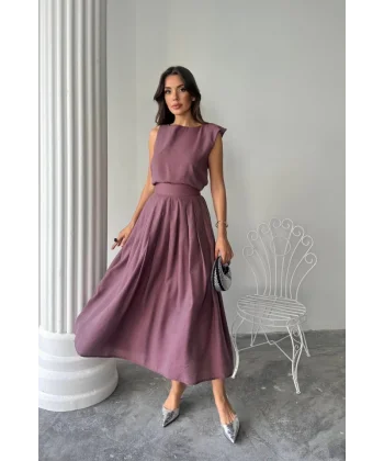 KETEN KOLSUZ BLUZ - MAXİ ETEK TAKIM - Mor