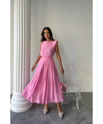 KETEN KOLSUZ BLUZ - MAXİ ETEK TAKIM - Pembe