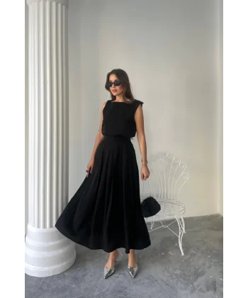 KETEN KOLSUZ BLUZ - MAXİ ETEK TAKIM - Siyah