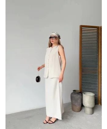 Keten Kolsuz Hırka Etek Ikili Takım- Beyaz