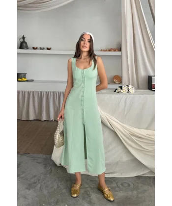 KETEN KOLSUZ KARE YAKA DÜĞME DETAYLI ELBİSE - Mint