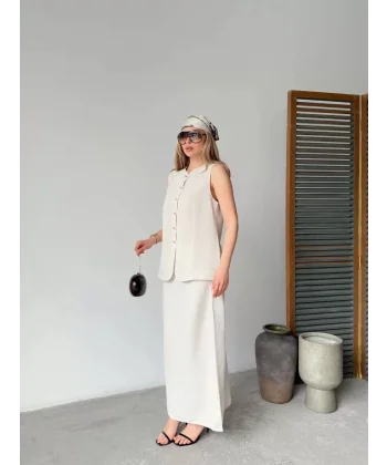 Keten Kolsuz Sıfır Yaka İlik Düğmeli Kolsuz Hırka Etek ikili Takım- Beyaz