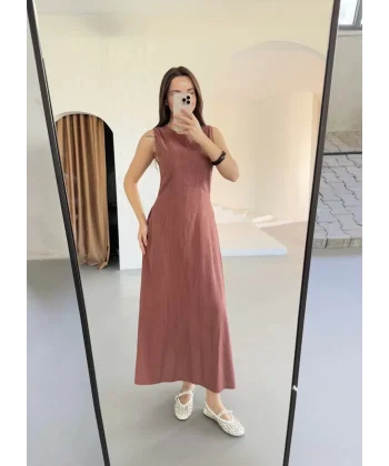 Keten Kolsuz Uzun Sırtı Kapalı Bisiklet Yaka Elbise - Gül Kurusu