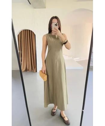 Keten Kolsuz Uzun Sırtı Kapalı Bisiklet Yaka Elbise - Haki
