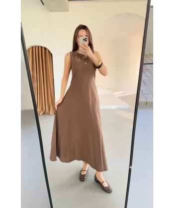 Keten Kolsuz Uzun Sırtı Kapalı Bisiklet Yaka Elbise - Kahverengi