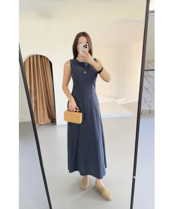 Keten Kolsuz Uzun Sırtı Kapalı Bisiklet Yaka Elbise- Mavi