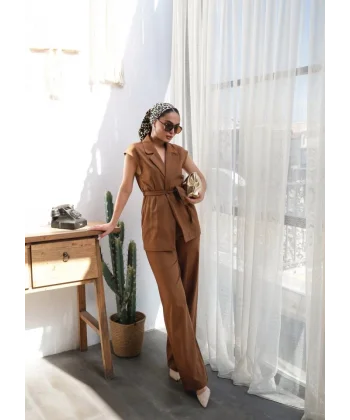 Keten Kuşakli Yelek Ve Pantolon İki̇li̇ Takim