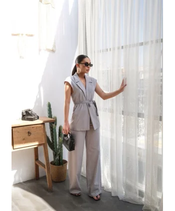 Keten Kuşakli Yelek Ve Pantolon İki̇li̇ Takim