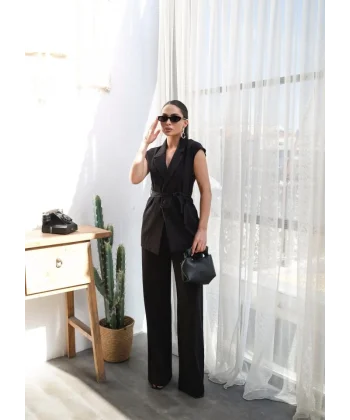 Keten Kuşakli Yelek Ve Pantolon İki̇li̇ Takim