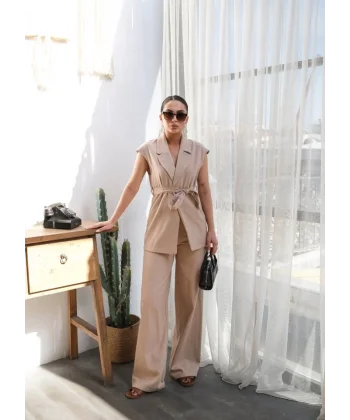 Keten Kuşakli Yelek Ve Pantolon İki̇li̇ Takim