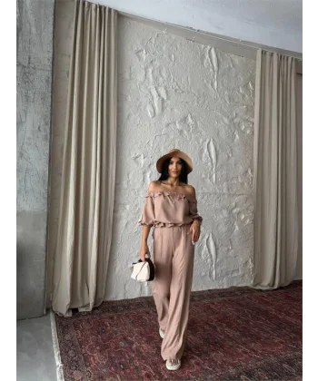 KETEN MADONNA YAKA KOL HASIR ŞERİT - PANTOLON TAKIM - Kahverengi