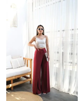 Keten Önü Çapraz Parçali Lasti̇kli̇ Ve Bağcikli Geni̇ş Paça Pantolon