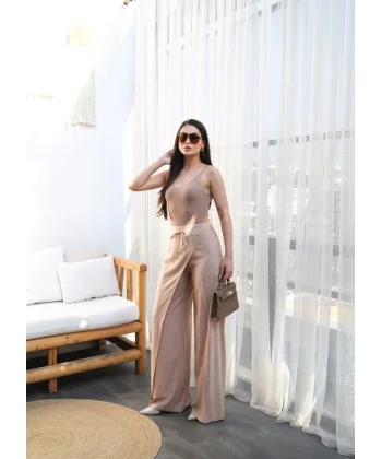 Keten Önü Çapraz Parçali Lasti̇kli̇ Ve Bağcikli Geni̇ş Paça Pantolon