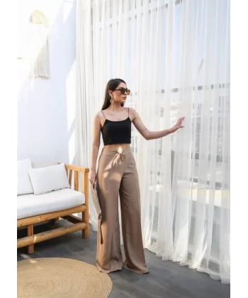 Keten Önü Çapraz Parçali Lasti̇kli̇ Ve Bağcikli Geni̇ş Paça Pantolon