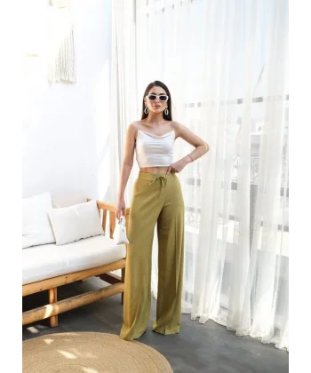 Keten Önü Çapraz Parçali Lasti̇kli̇ Ve Bağcikli Geni̇ş Paça Pantolon