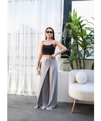 Keten Önü Çapraz Parçali Lasti̇kli̇ Ve Bağcikli Geni̇ş Paça Pantolon