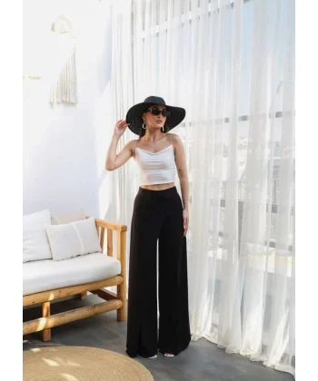 Keten Önü Çapraz Parçali Lasti̇kli̇ Ve Bağcikli Geni̇ş Paça Pantolon