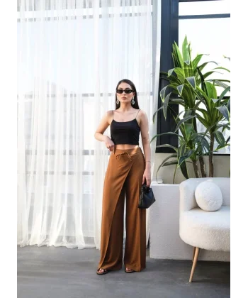 Keten Önü Çapraz Parçali Lasti̇kli̇ Ve Bağcikli Geni̇ş Paça Pantolon