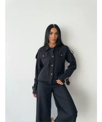 KETEN PÜSKÜL DETAYLI GÖMLEK-PANTOLON TAKIM - Siyah