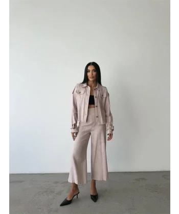 KETEN PÜSKÜL DETAYLI GÖMLEK-PANTOLON TAKIM - Vizon