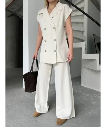 Keten Sıfır Kol Blezer Ceket Pantolon ikili Takım- Beyaz