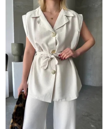 Keten Sıfır Kol Kuşaklı Ceket Pantolon Ikili Takım - Beyaz