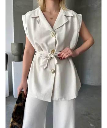 Keten Sıfır Kol Kuşaklı Ceket Pantolon ikili Takım - Beyaz