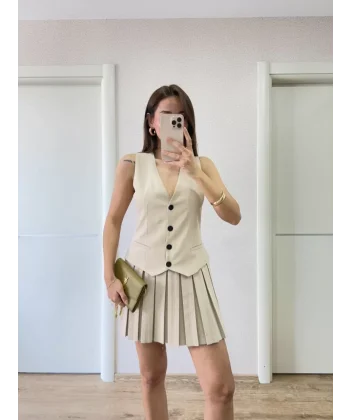 Keten Takım Görünümlü Düğme Detaylı Yelekli Mini Elbise - Bej