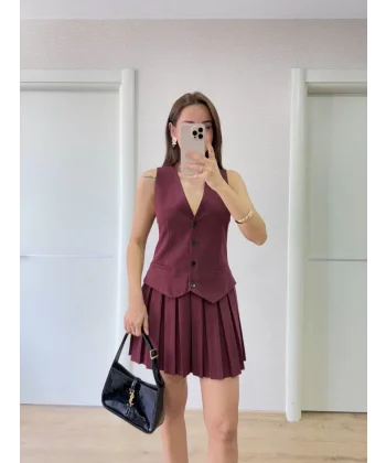 Keten Takım Görünümlü Düğme Detaylı Yelekli Mini Elbise - Bordo