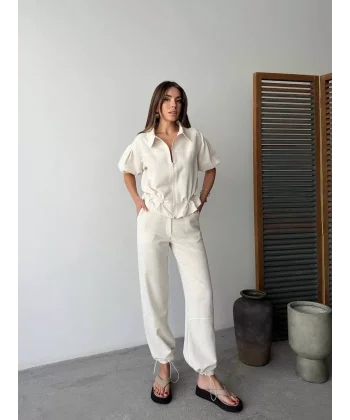 Keten Tam Fermuarlı Kısa kollu Gömlek Pantolon ikili Takım - Beyaz
