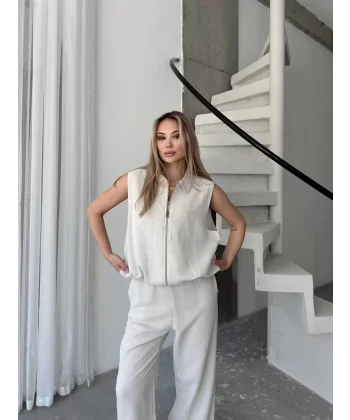 Keten Tam Fermuarlı Kolsuz Ceket Pantolon ikili Takım- Beyaz
