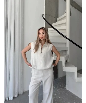 Keten Tam Fermuarlı Kolsuz Ceket Pantolon Ikili Takım- Beyaz